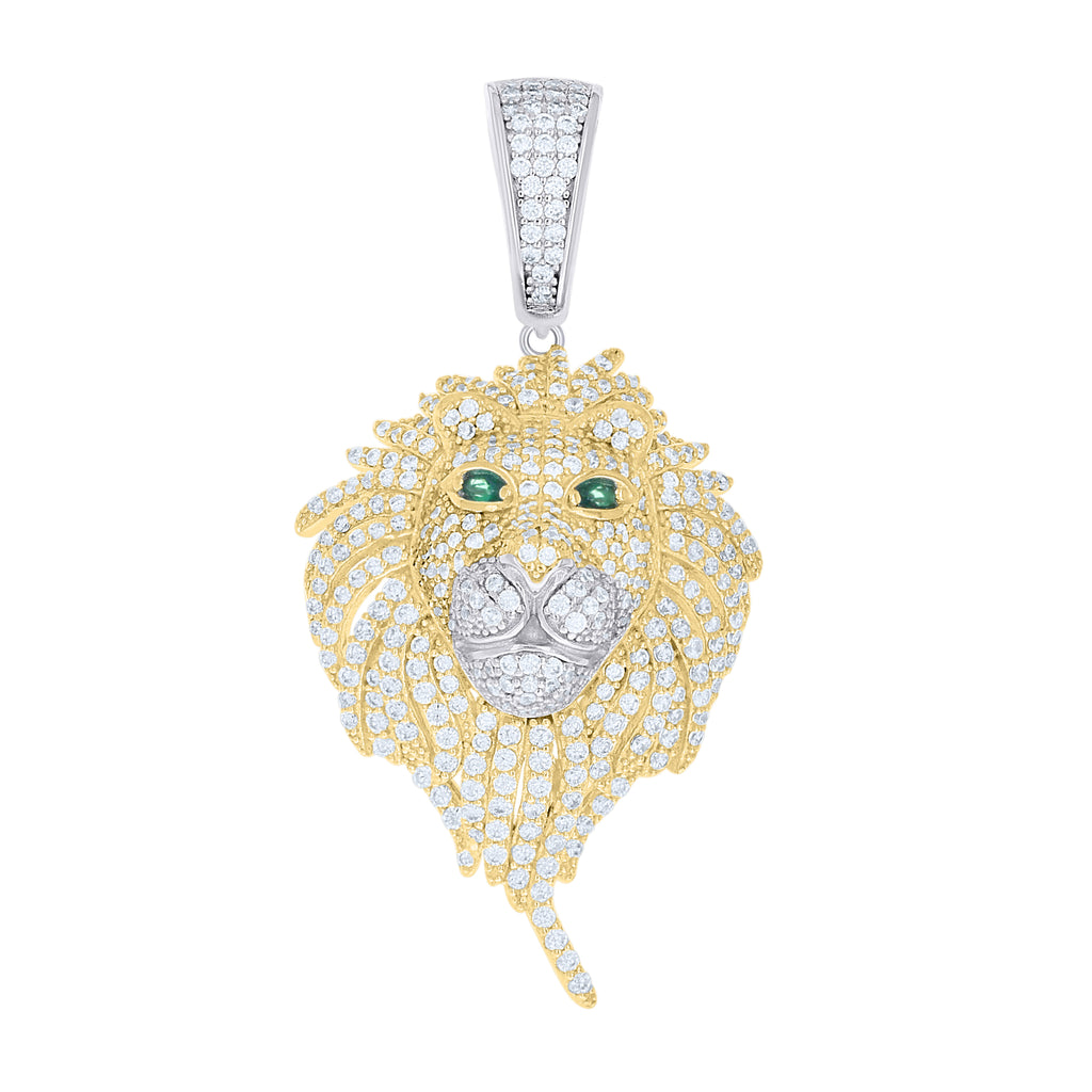 925 Sterling Silver Yellow-tone Mens White Green Cubic-Zirconia Lion Head Animal Wildlife Pendant