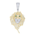 925 Sterling Silver Yellow-tone Mens White Green Cubic-Zirconia Lion Head Animal Wildlife Pendant
