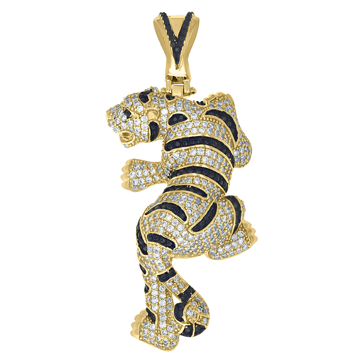 925 Sterling Silver Yellow-Tone Mens Black White Cubic-Zirconia Tiger Pendant