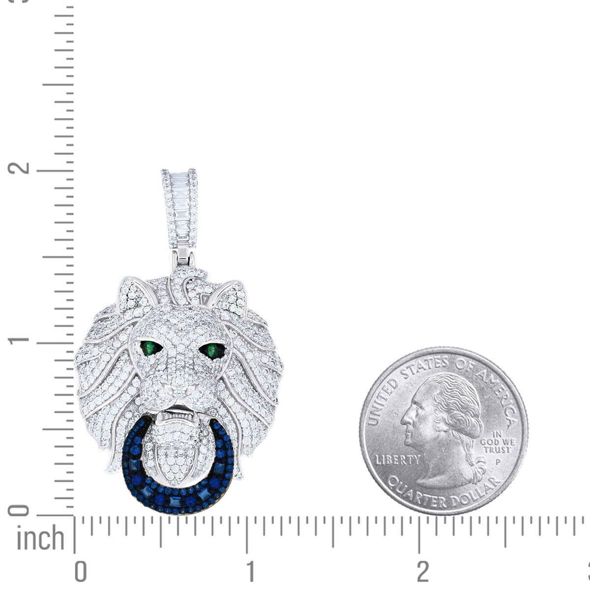 925 Sterling Silver Mens Round Baguette White Blue/Green Cubic-Zirconia Lion Head Animal Pendant