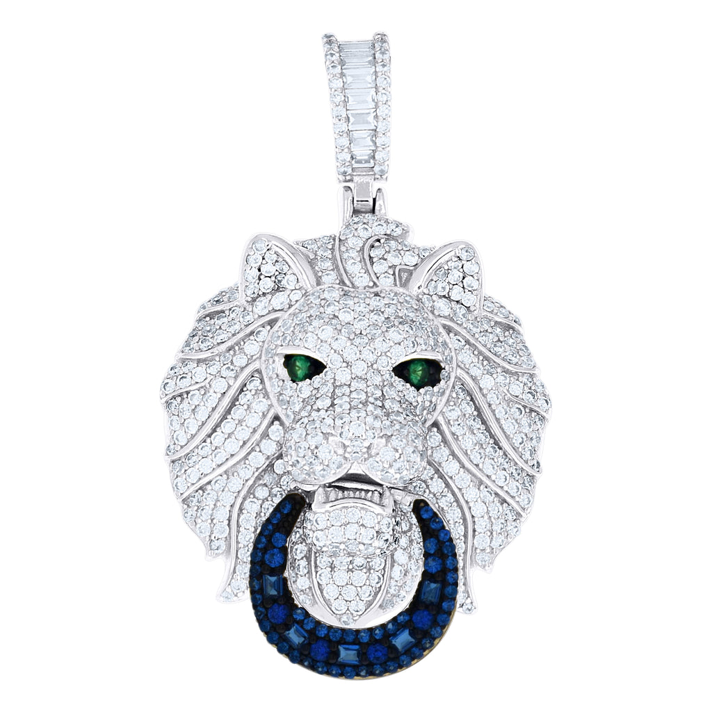 925 Sterling Silver Mens Round Baguette White Blue/Green Cubic-Zirconia Lion Head Animal Pendant