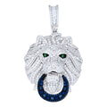925 Sterling Silver Mens Round Baguette White Blue/Green Cubic-Zirconia Lion Head Animal Pendant