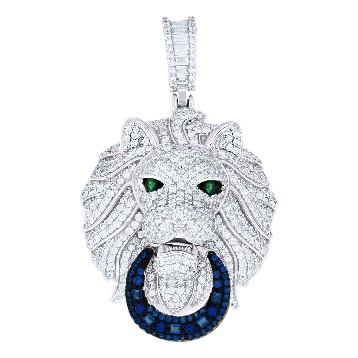 925 Sterling Silver Mens Round Baguette White Blue/Green Cubic-Zirconia Lion Head Animal Pendant