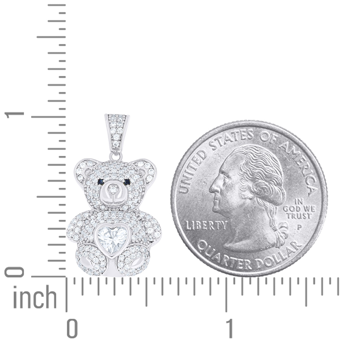 925 Sterling Silver Womens Round Heart White Black Cubic-Zirconia Teddy Bear Pendant