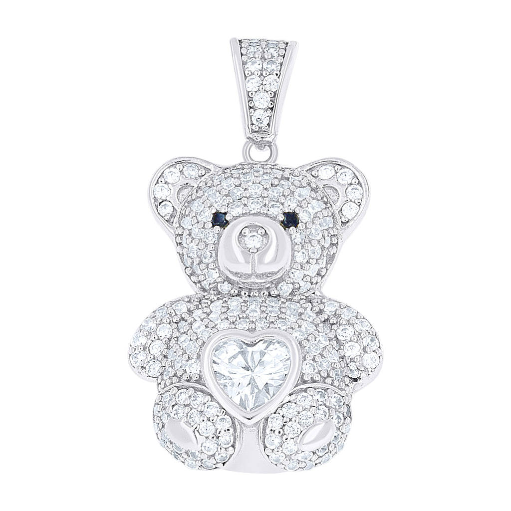 925 Sterling Silver Womens Round Heart White Black Cubic-Zirconia Teddy Bear Pendant