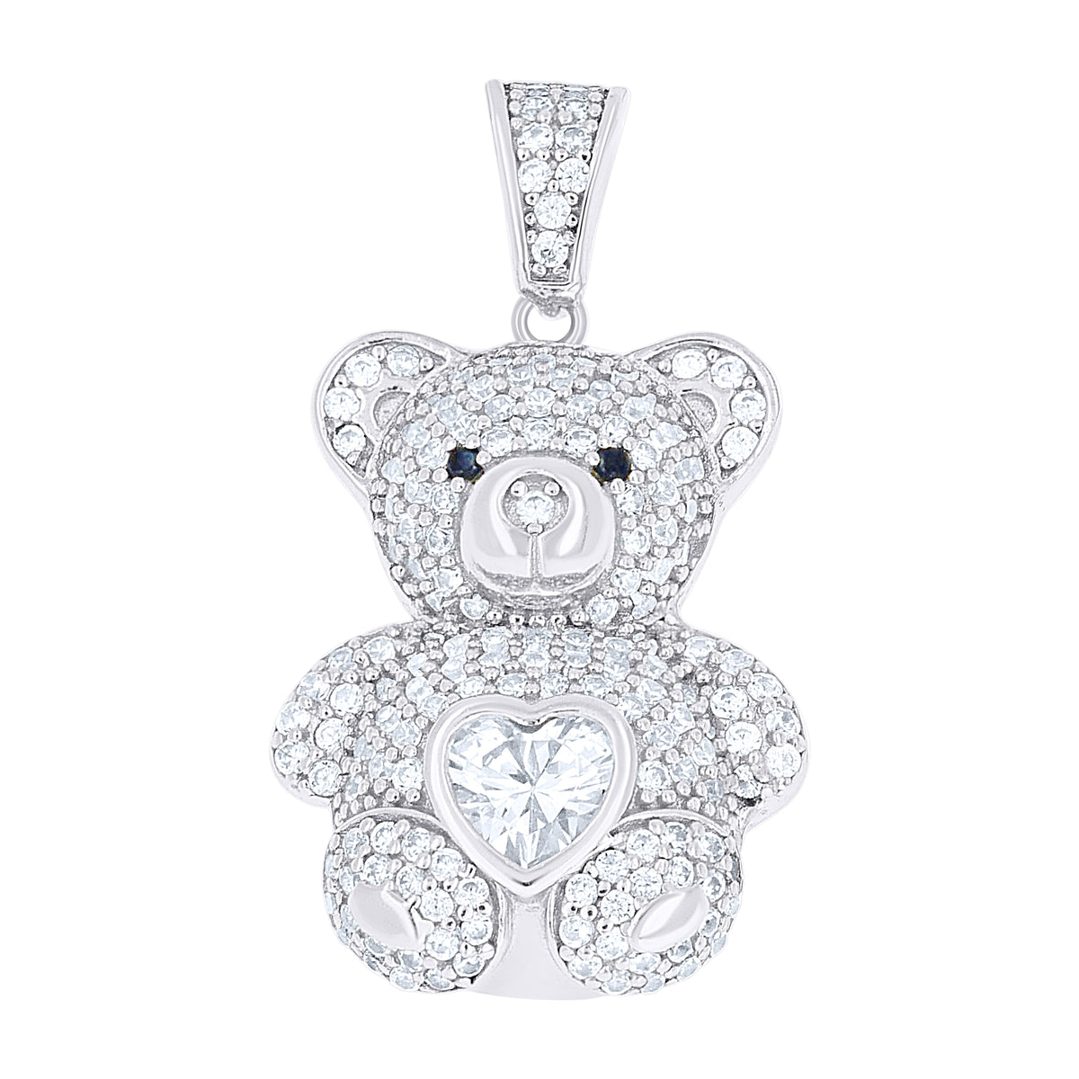925 Sterling Silver Womens Round Heart White Black Cubic-Zirconia Teddy Bear Pendant