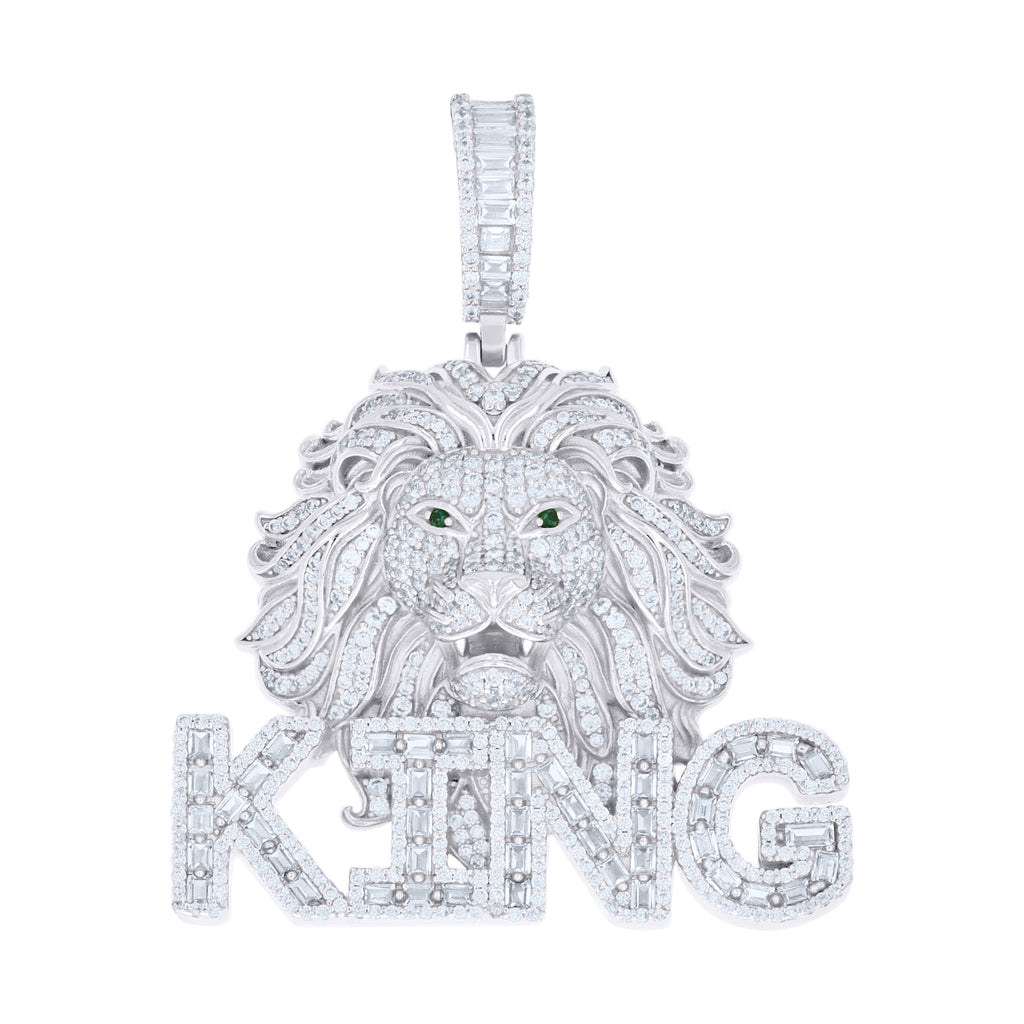925 Sterling Silver Mens Round Baguette White Black Cubic-Zirconia KING Lion Head Animal Pendant