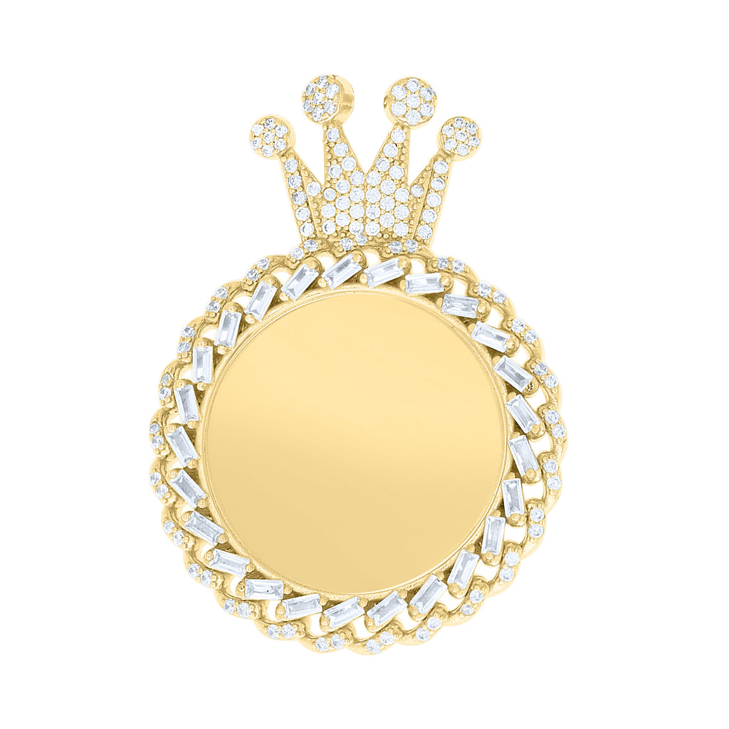 925 Sterling Silver Yellow-tone Unisex Round Baguette Cubic-Zirconia Crown Picture Frame Pendant