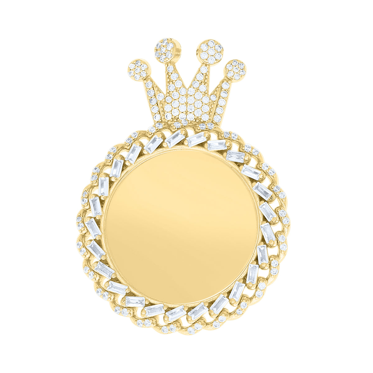 925 Sterling Silver Yellow-tone Unisex Round Baguette Cubic-Zirconia Crown Picture Frame Pendant