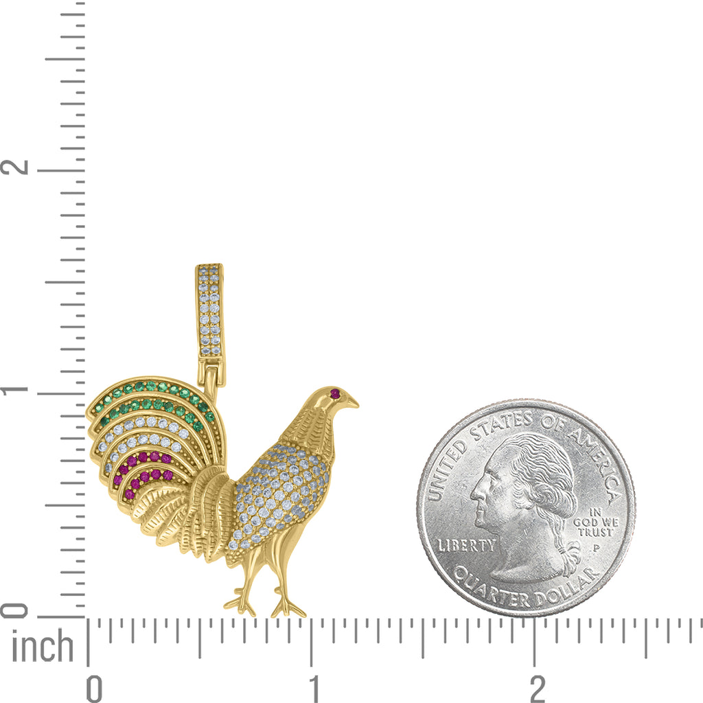 925 Sterling Silver Yellow-Tone Unisex Green Pink White Cubic-Zirconia Rooster Fashion Pendant