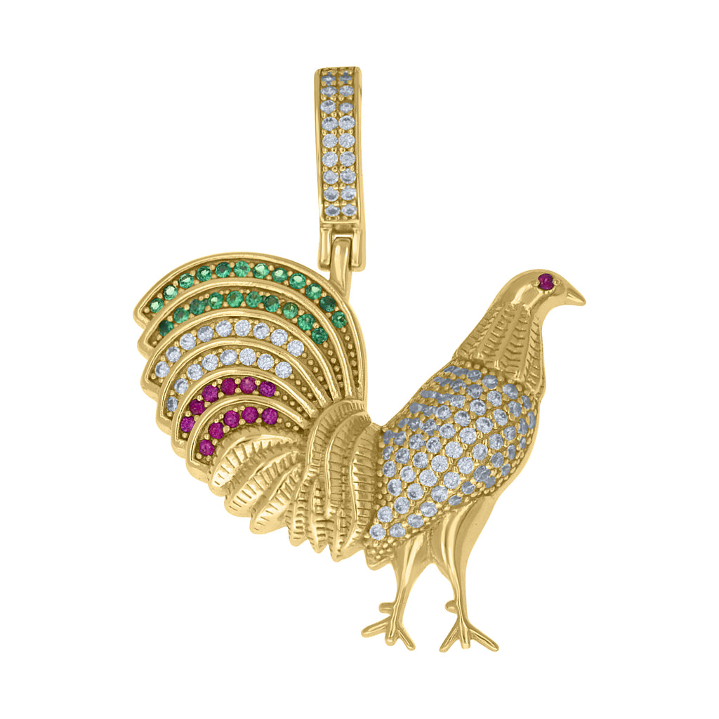 925 Sterling Silver Yellow-Tone Unisex Green Pink White Cubic-Zirconia Rooster Fashion Pendant