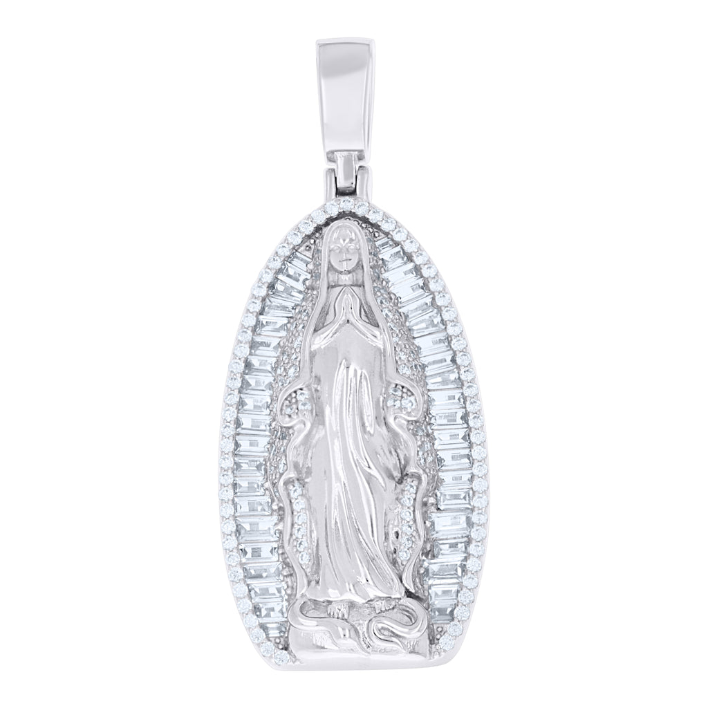 925 Sterling Silver Men Round Baguette Cubic-Zirconia Guadalupe Religious Charm Pendant