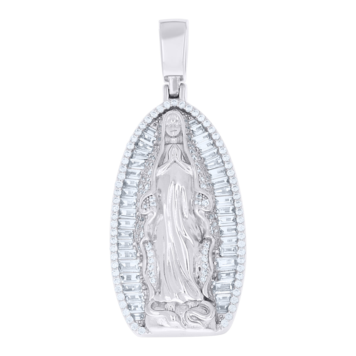 925 Sterling Silver Men Round Baguette Cubic-Zirconia Guadalupe Religious Charm Pendant