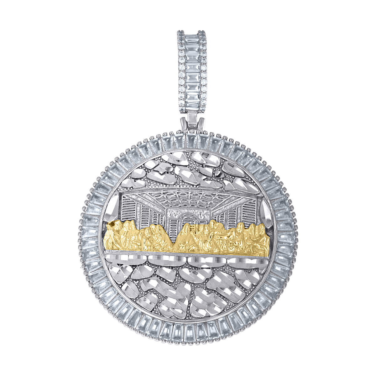 925 Sterling Silver Yellow-Tone Mens Baguette Round Cubic-Zirconia Nugget Last Supper Pendant