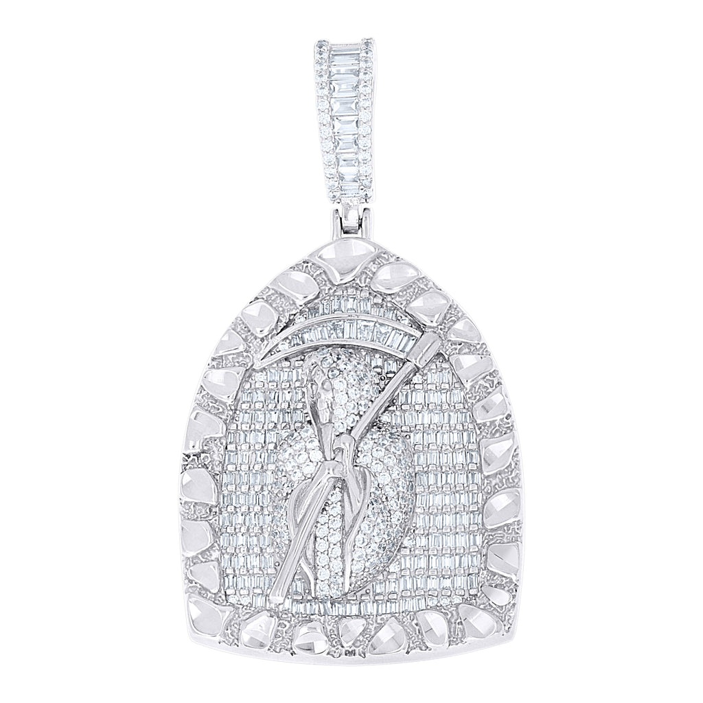 925 Sterling Silver Men Round Baguette Cubic-Zirconia Grim Reaper Death Angel Religious Charm Pendant