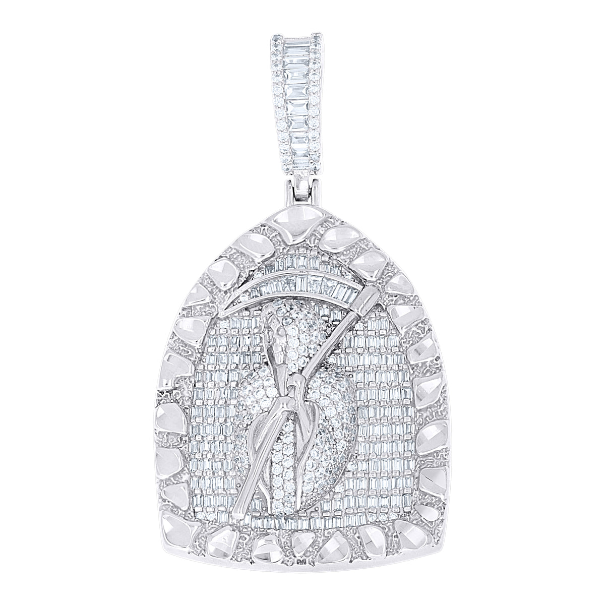 925 Sterling Silver Men Round Baguette Cubic-Zirconia Grim Reaper Death Angel Religious Charm Pendant