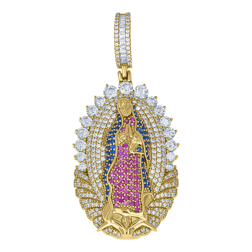 925 Sterling Silver Yellow-Tone Unisex Pink Blue White Cubic-Zirconia Guadalupe Pendant