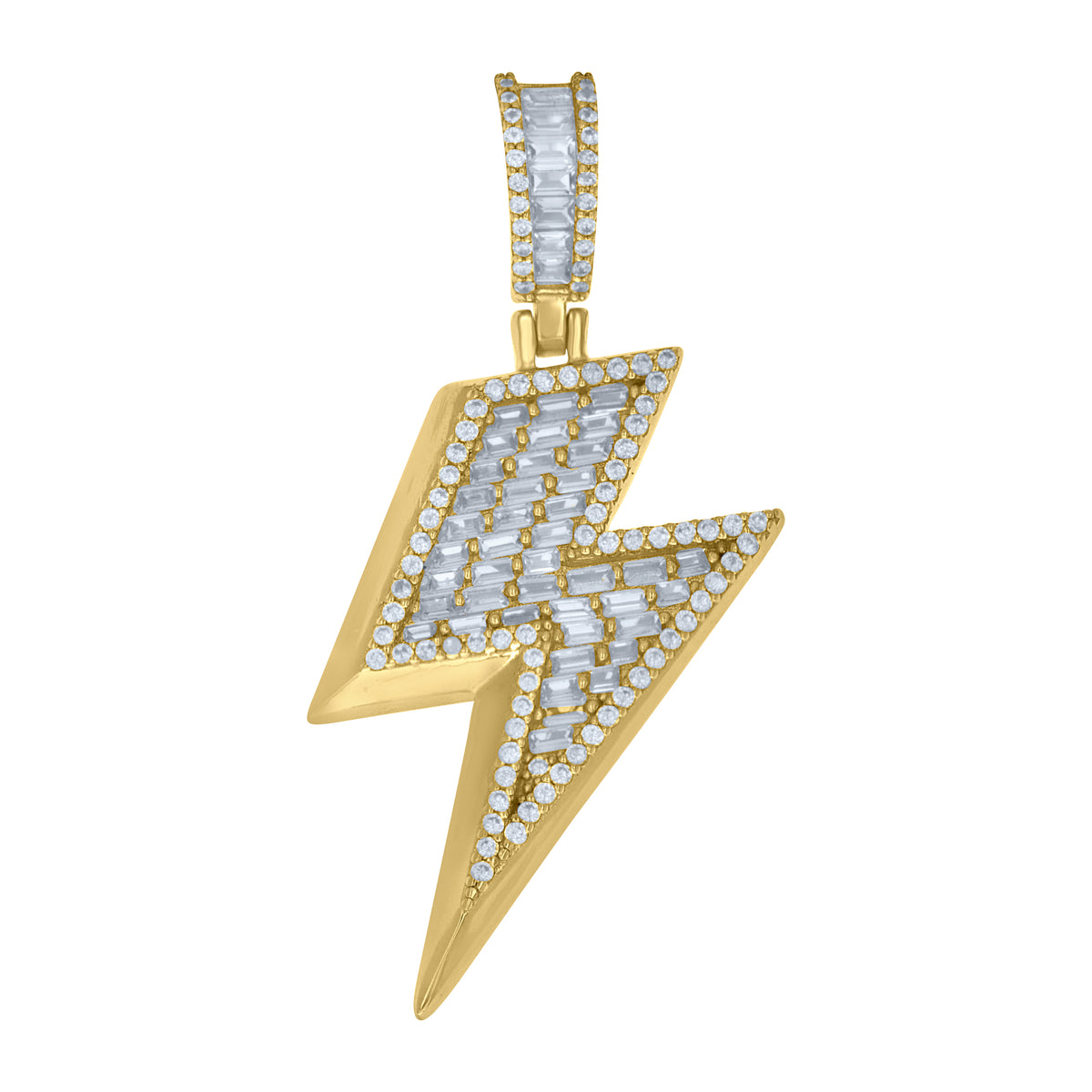 925 Sterling Silver Yellow-Tone Unisex Baguette Round Cubic-Zirconia Lightning Bolt Fashion Pendant