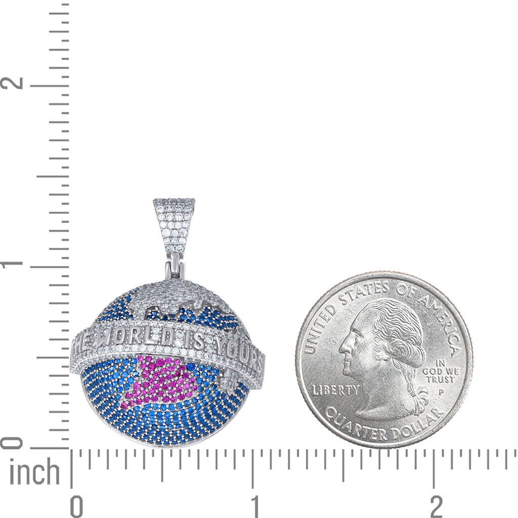 925 Sterling Silver Mens Pink Blue White Cubic-Zirconia The World Is Yours World Map Globe Pendant