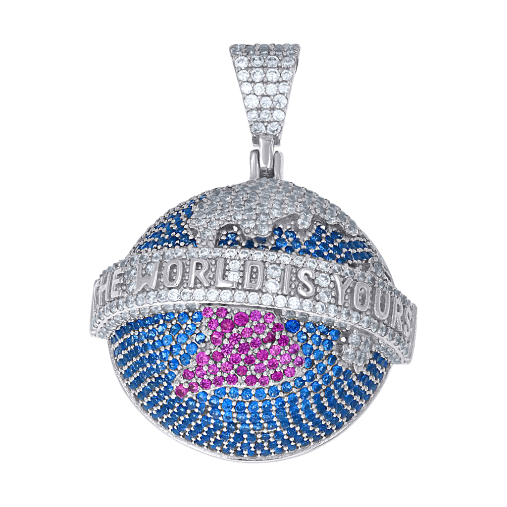 925 Sterling Silver Mens Pink Blue White Cubic-Zirconia The World Is Yours World Map Globe Pendant