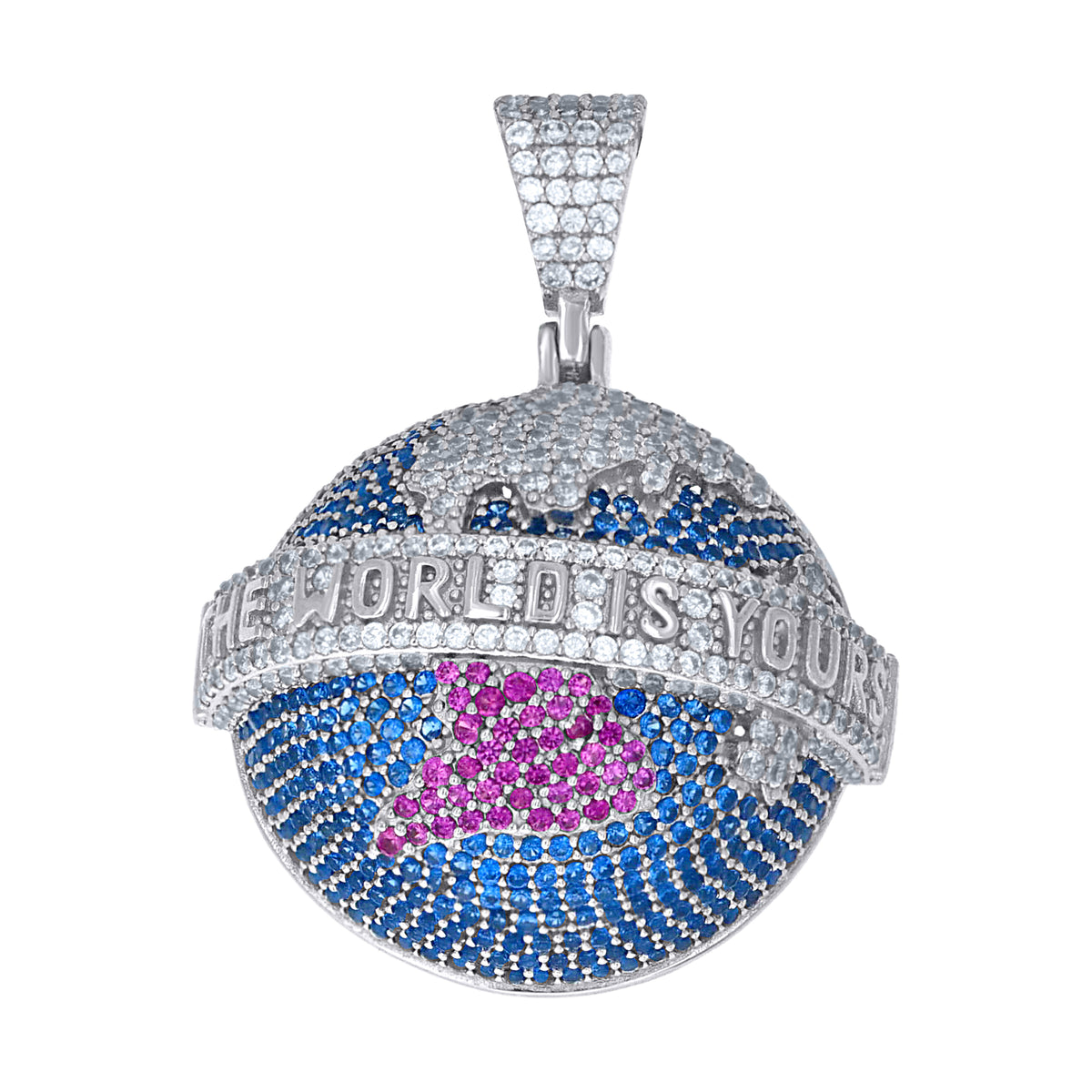 925 Sterling Silver Mens Pink Blue White Cubic-Zirconia The World Is Yours World Map Globe Pendant