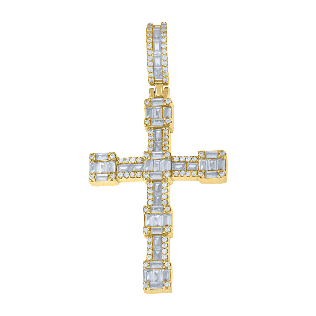 925 Sterling Silver Yellow-Tone Unisex Baguette Round Cubic-Zirconia Cross Religious Pendant