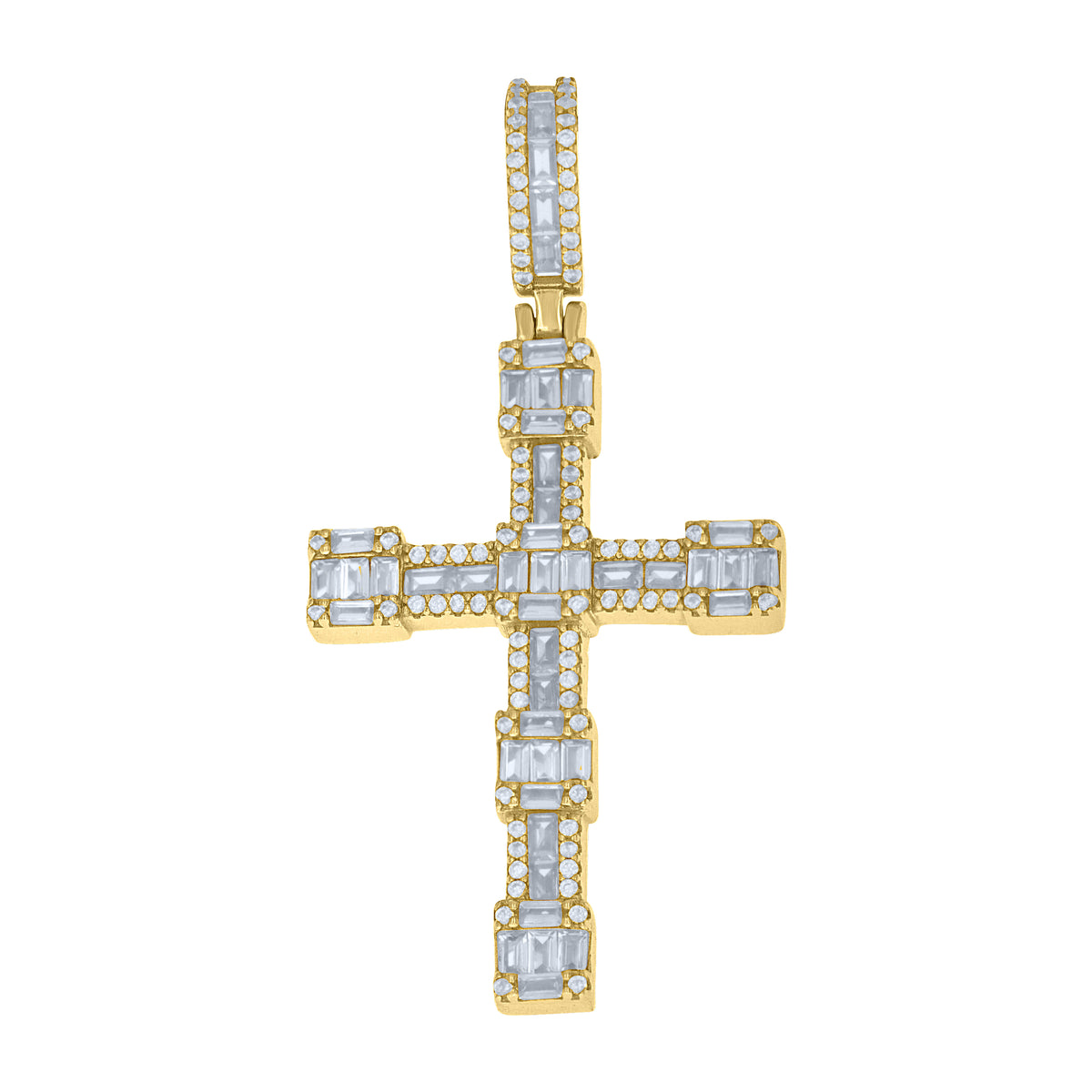 925 Sterling Silver Yellow-Tone Unisex Baguette Round Cubic-Zirconia Cross Religious Pendant