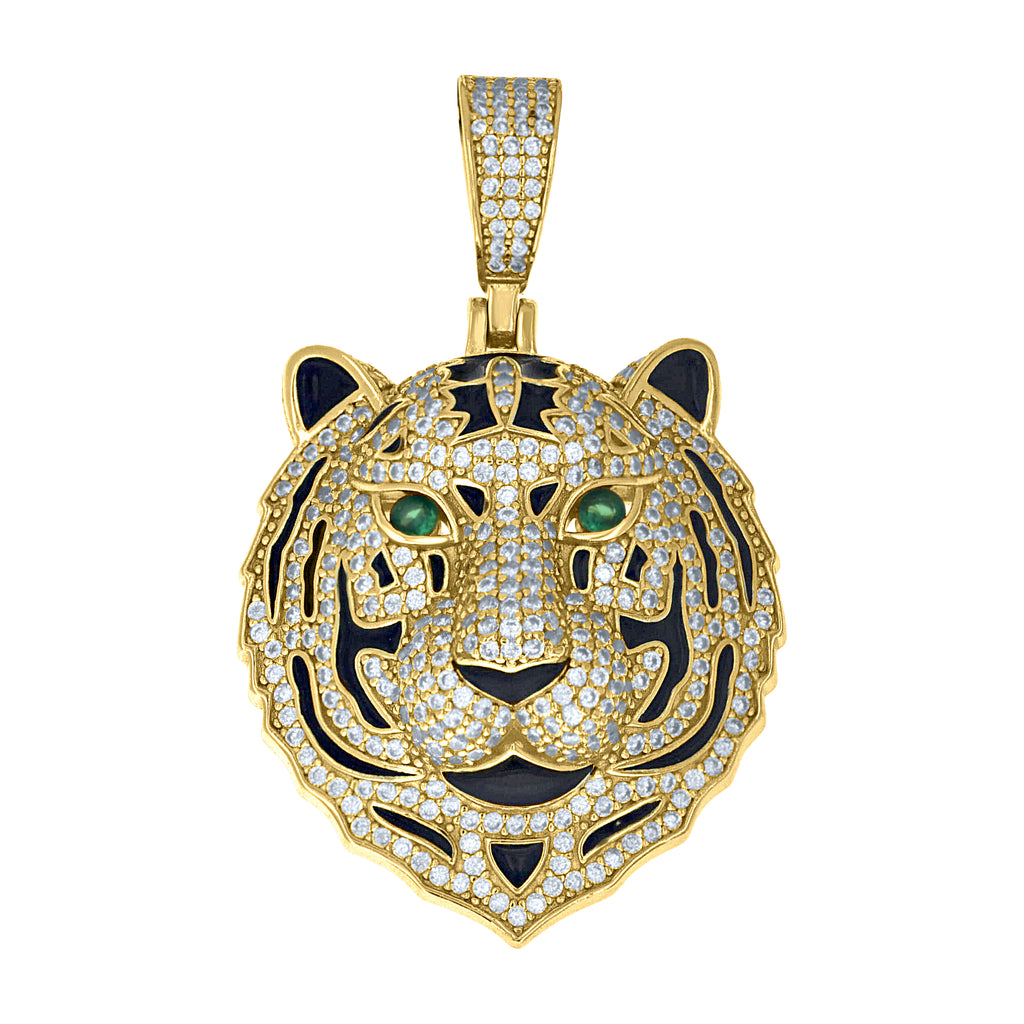 925 Sterling Silver Yellow-Tone Mens Green White Cubic-Zirconia Enameled Tiger Head Pendant