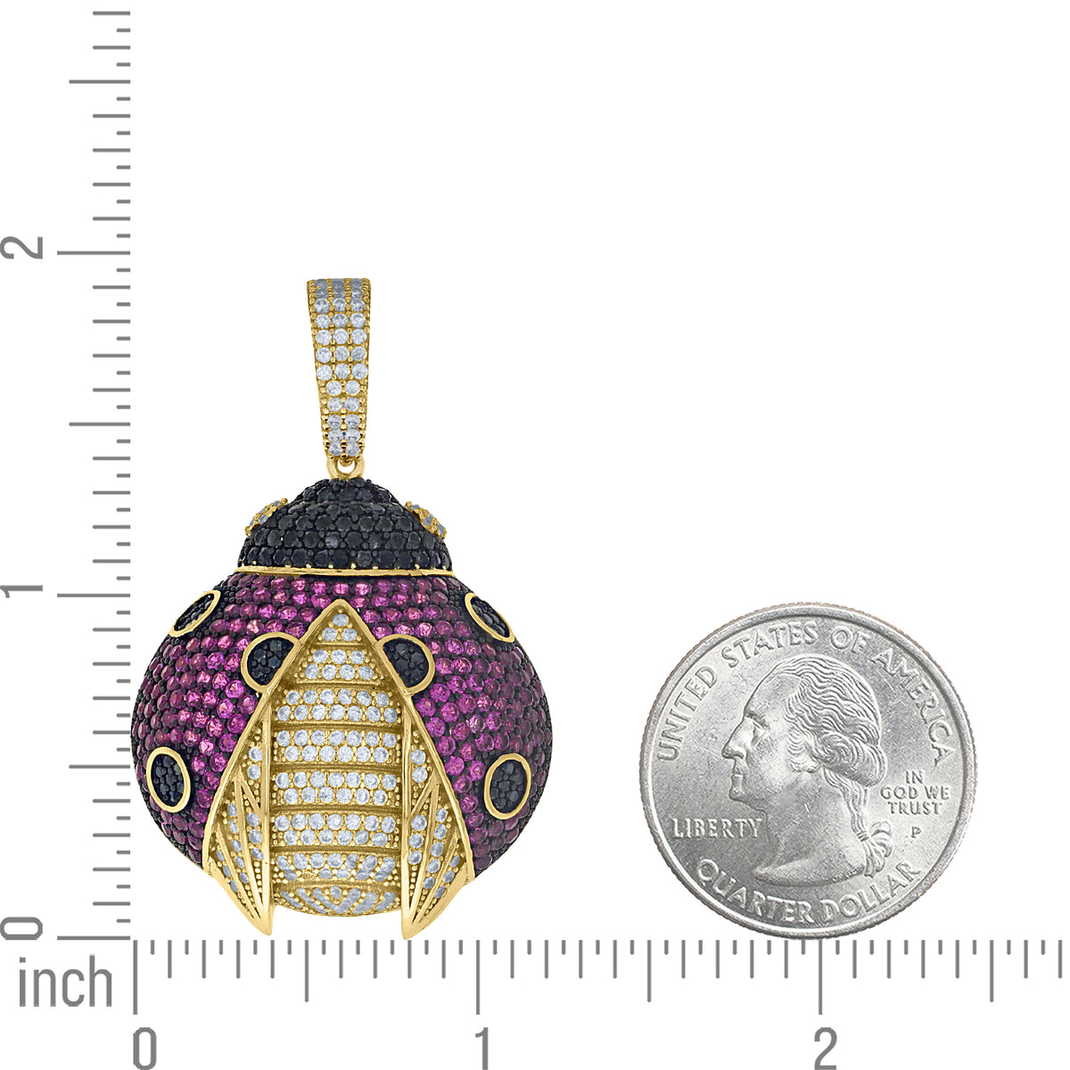 925 Sterling Silver Yellow-Tone Mens Pink Black White Cubic-Zirconia Ladybug Fashion Pendant