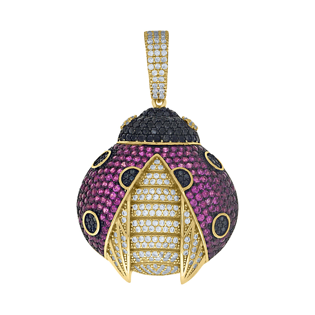 925 Sterling Silver Yellow-Tone Mens Pink Black White Cubic-Zirconia Ladybug Fashion Pendant