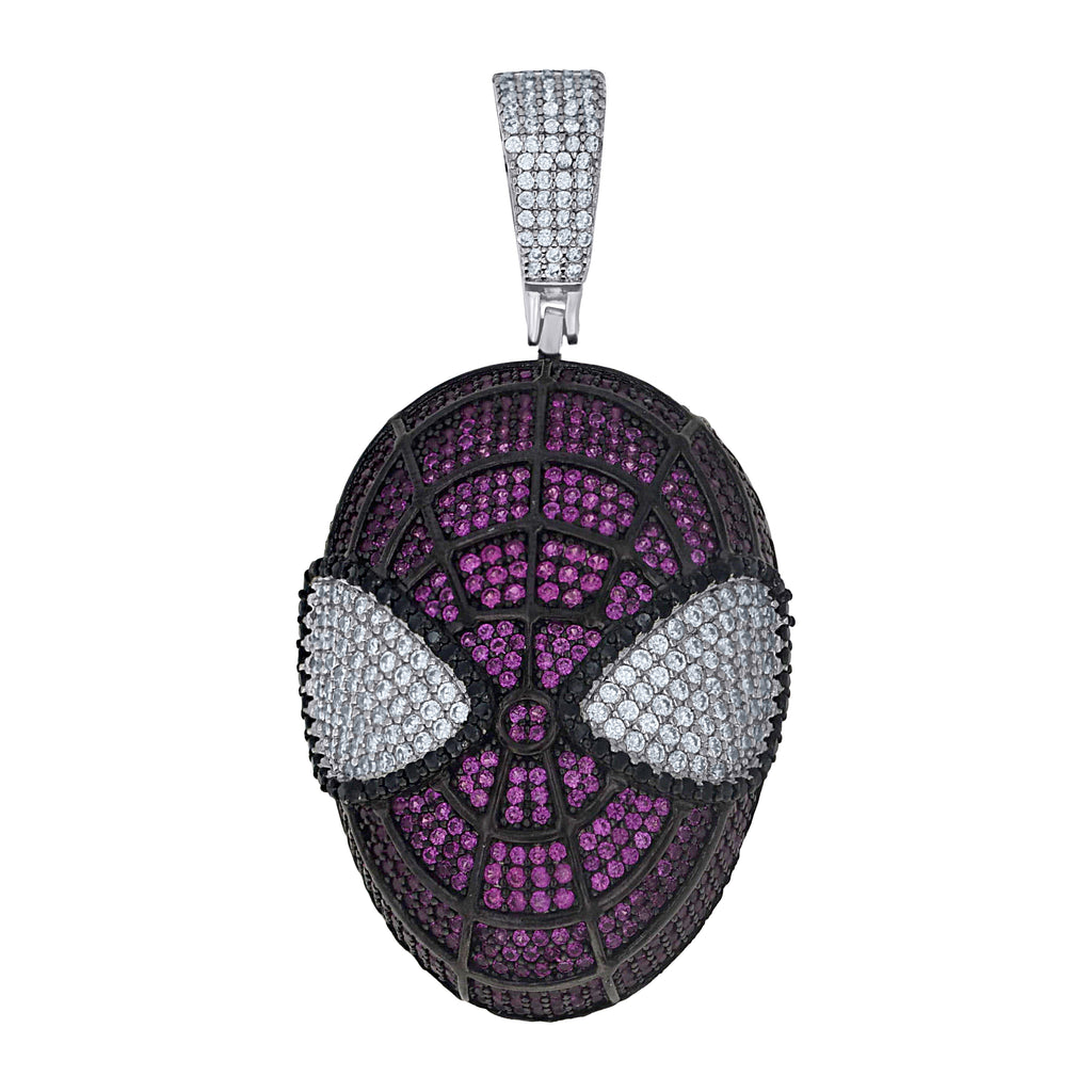 925 Sterling Silver Mens Purple Black White Cubic-Zirconia Spidermen Head Fashion Pendant