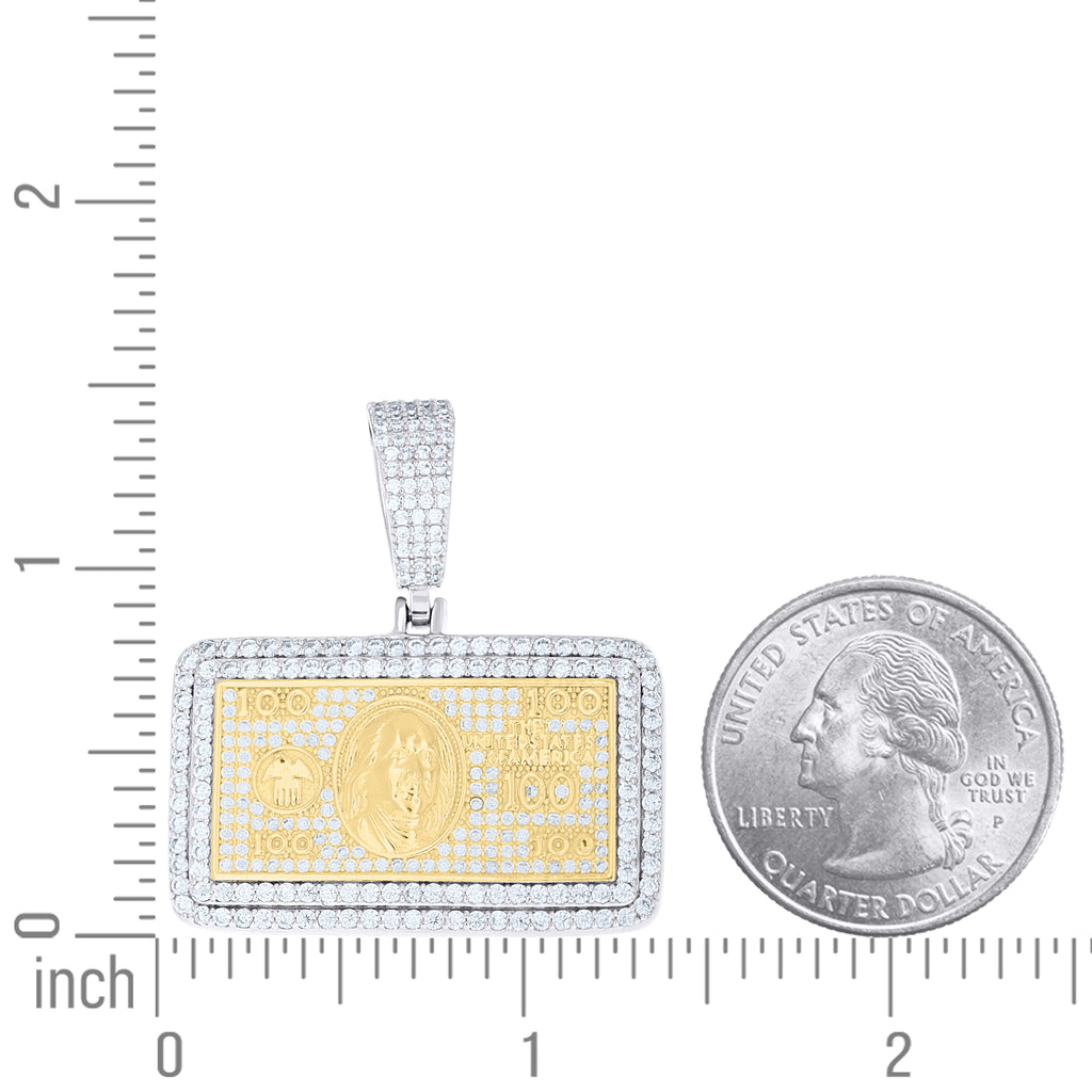 925 Sterling Silver Yellow-tone Mens Cubic-Zirconia 100 Dollar Bill Currency Pendant