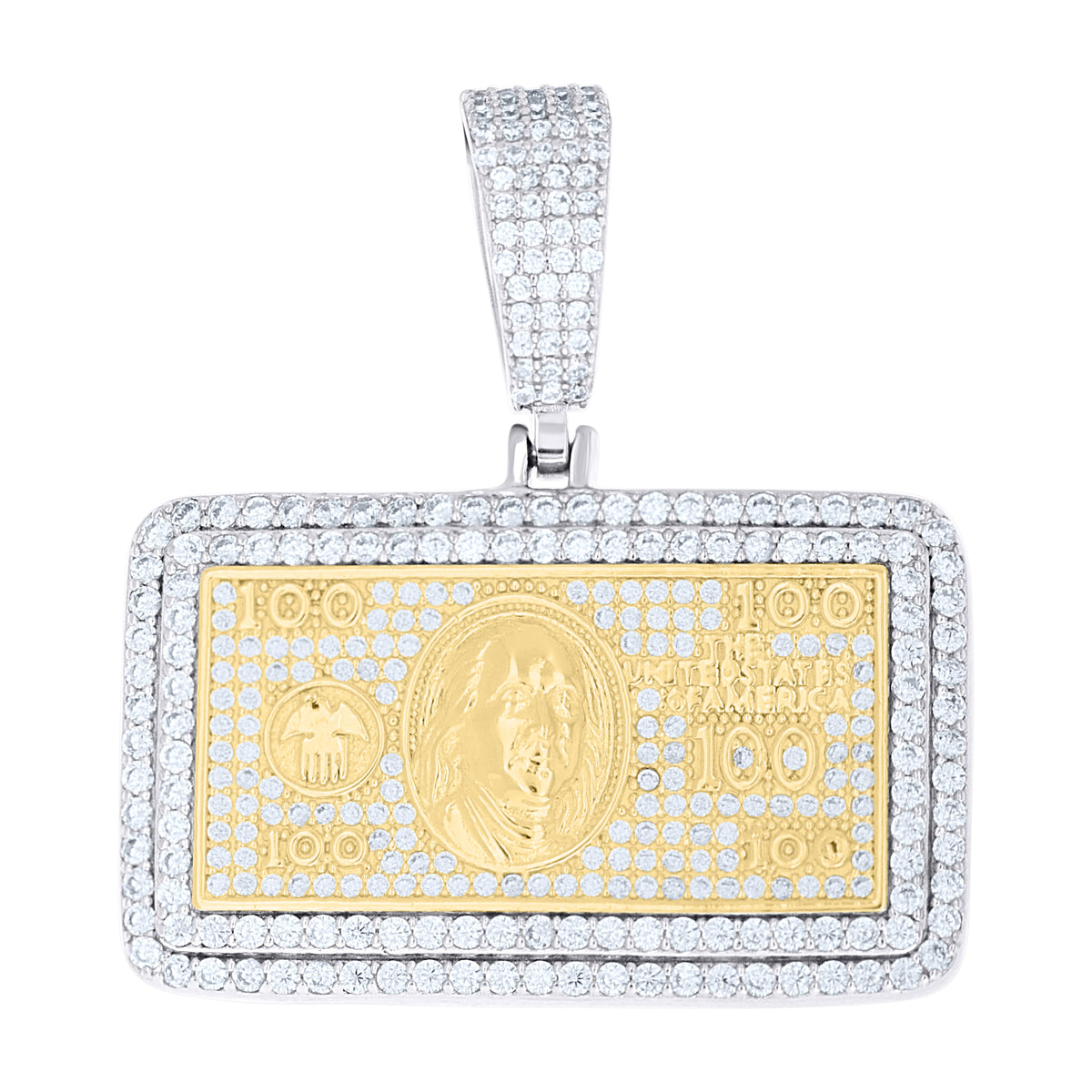 925 Sterling Silver Yellow-tone Mens Cubic-Zirconia 100 Dollar Bill Currency Pendant