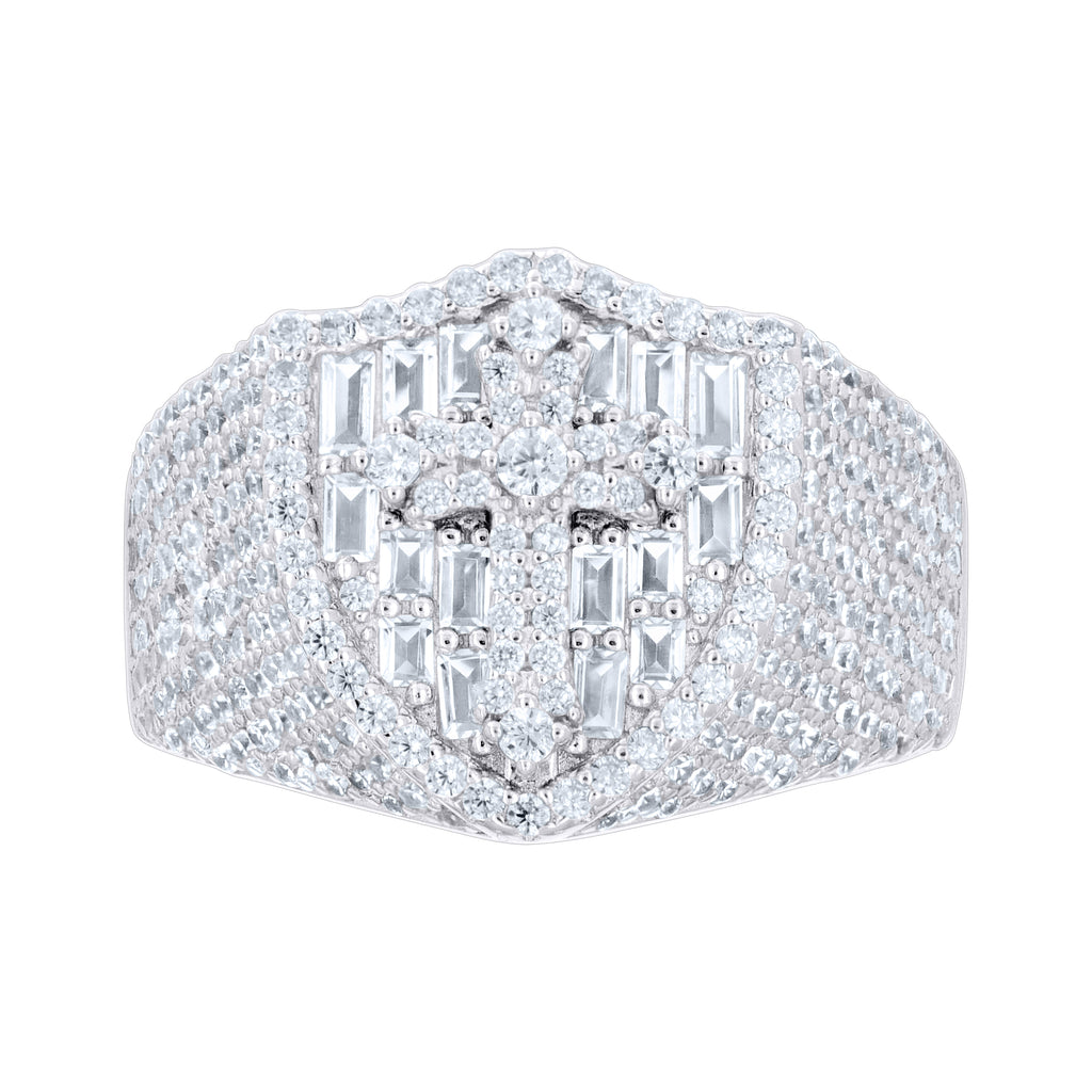 925 Sterling Silver Mens Baguette Round Cubic-Zirconia Cross Religious Ring Size 10