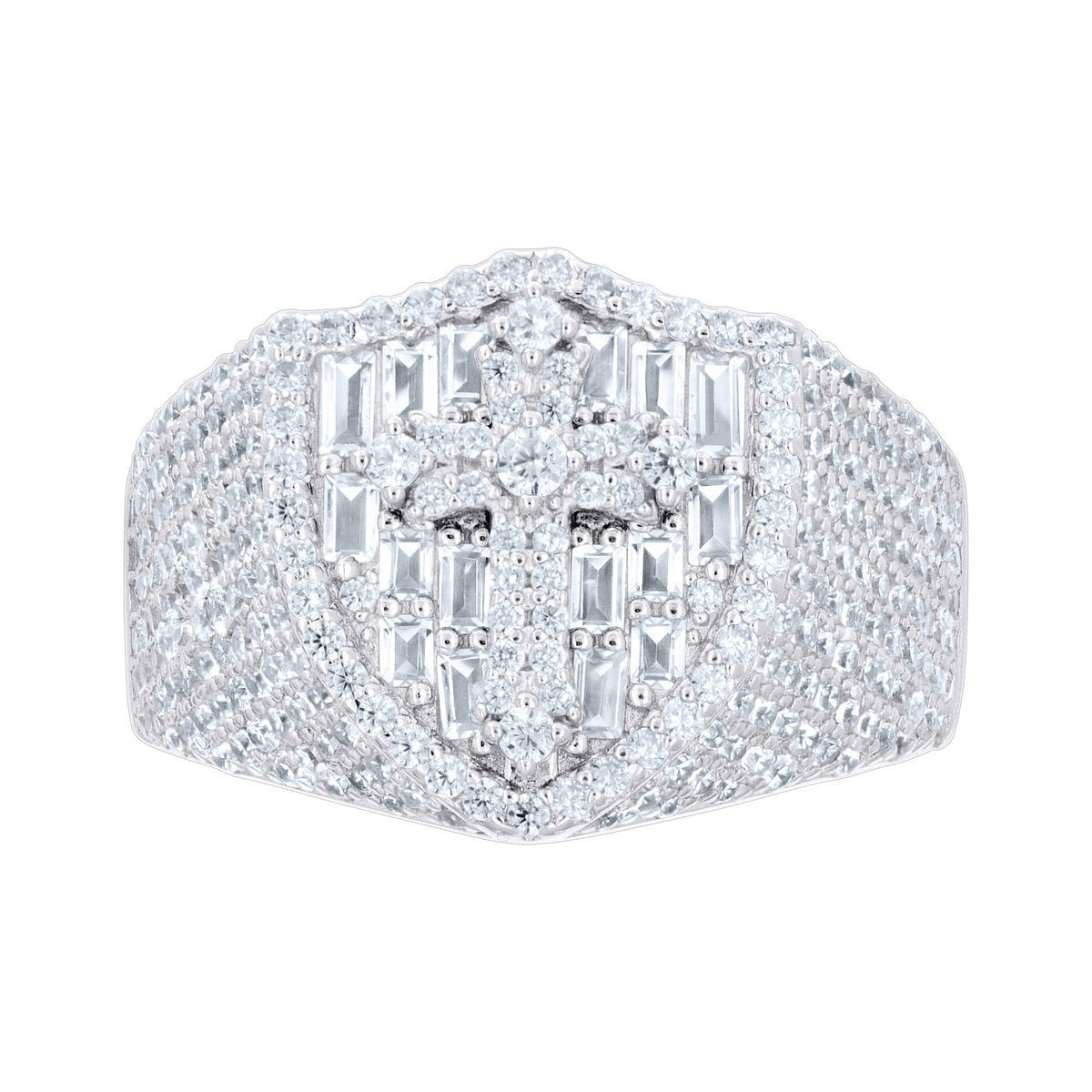 925 Sterling Silver Mens Baguette Round Cubic-Zirconia Cross Religious Ring Size 10