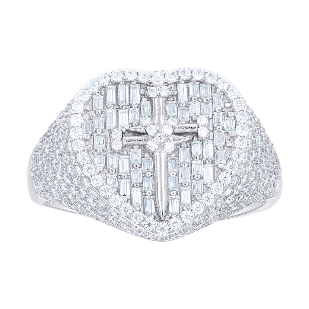 925 Sterling Silver Womens Baguette Round Cubic-Zirconia Heart Cross Religious Ring Size 11