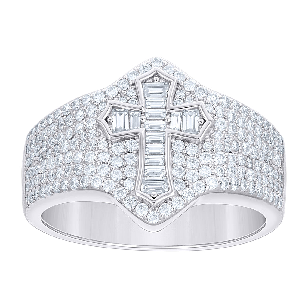 925 Sterling Silver Mens Baguette Round Cubic-Zirconia Cross Religious Ring Size 9