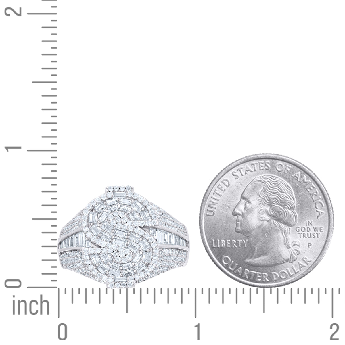 925 Sterling Silver Mens Baguette Round Cubic-Zirconia Dollar Sign Currency Ring Size 11