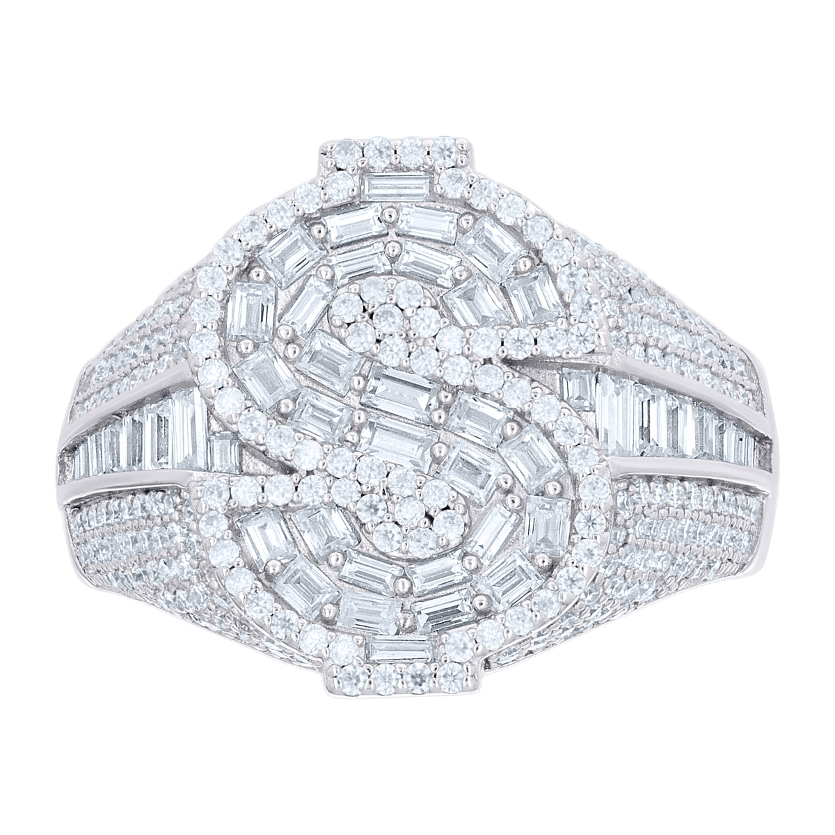 925 Sterling Silver Mens Baguette Round Cubic-Zirconia Dollar Sign Currency Ring