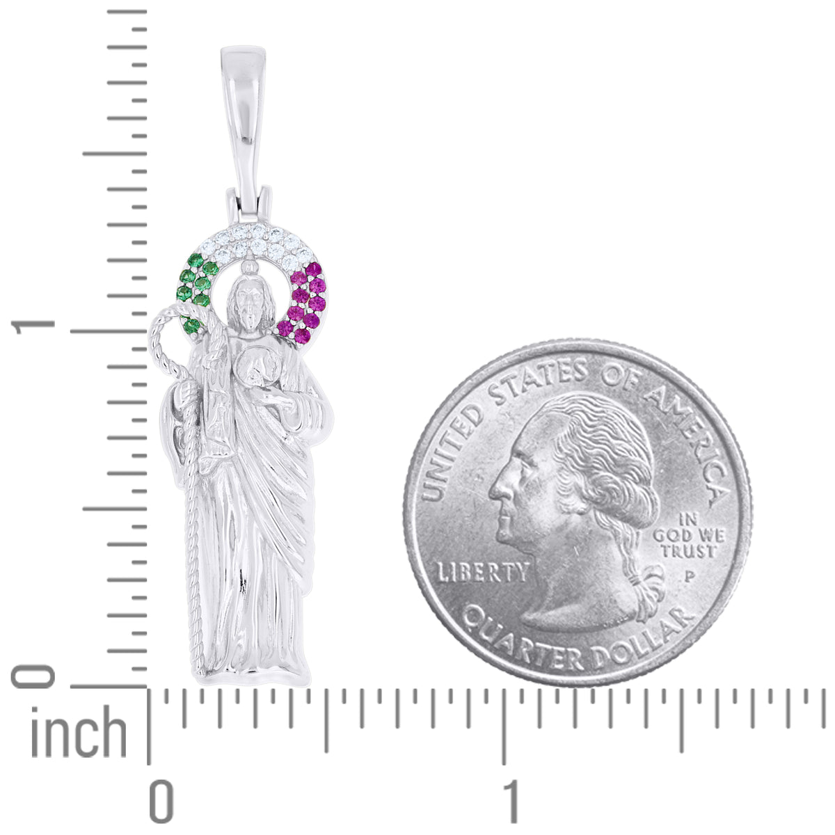 925 Sterling Silver Unisex Green Pink White Cubic-Zirconia St. Jude Religious Pendant