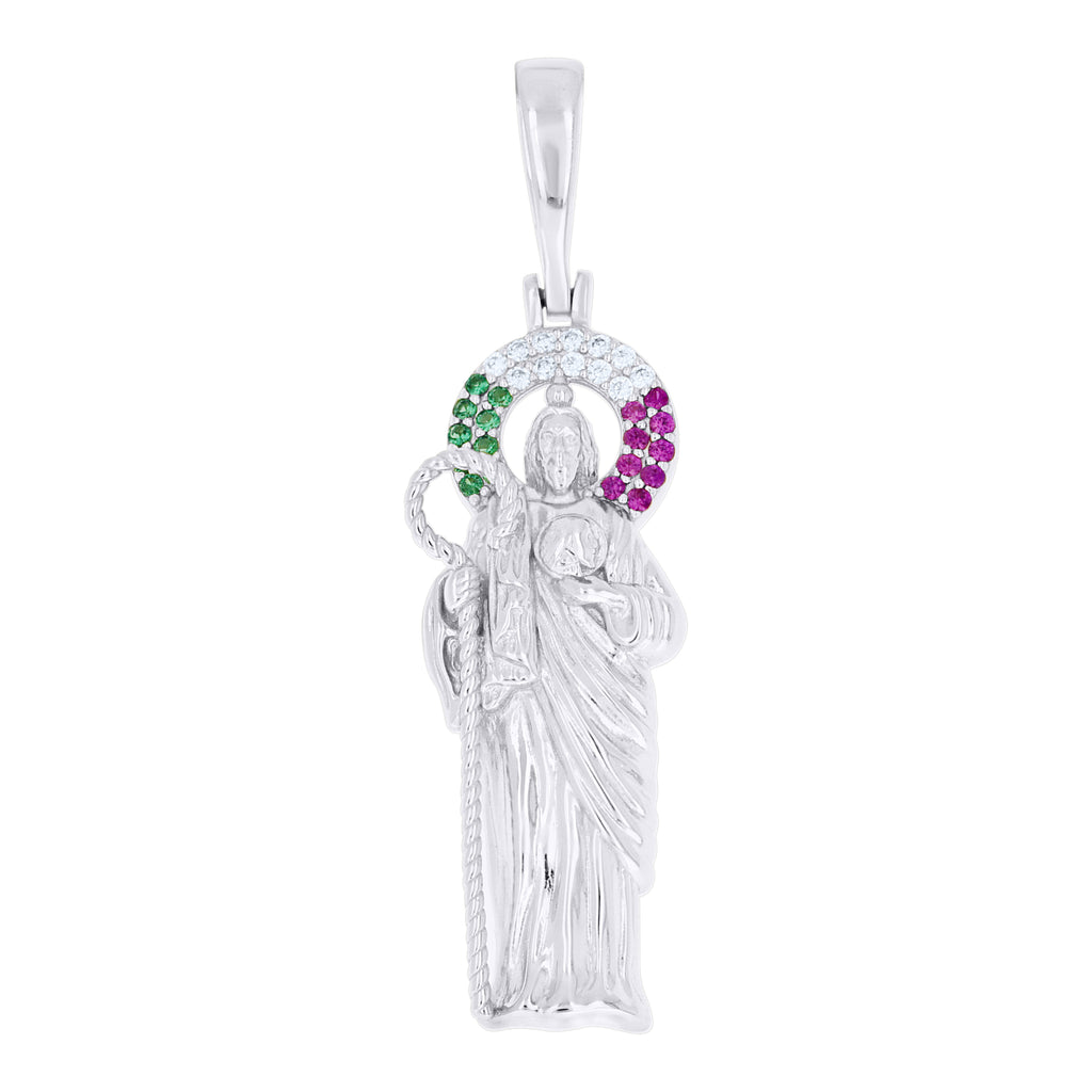 925 Sterling Silver Unisex Green Pink White Cubic-Zirconia St. Jude Religious Pendant