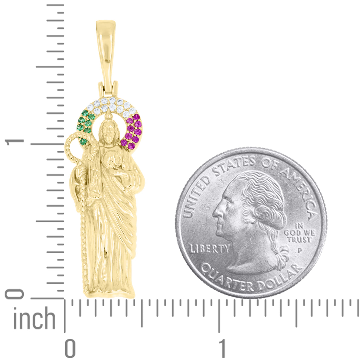925 Sterling Silver Yellow-Tone Unisex Green Pink White Cubic-Zirconia St. Jude Religious Pendant