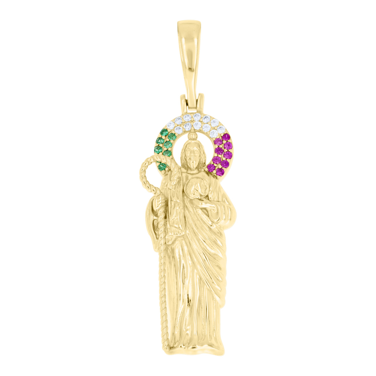 925 Sterling Silver Yellow-Tone Unisex Green Pink White Cubic-Zirconia St. Jude Religious Pendant