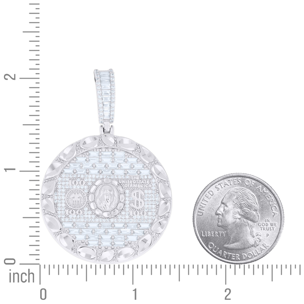 925 Sterling Silver Mens Baguette Round Cubic-Zirconia 100 Dollar Bill Currency Pendant