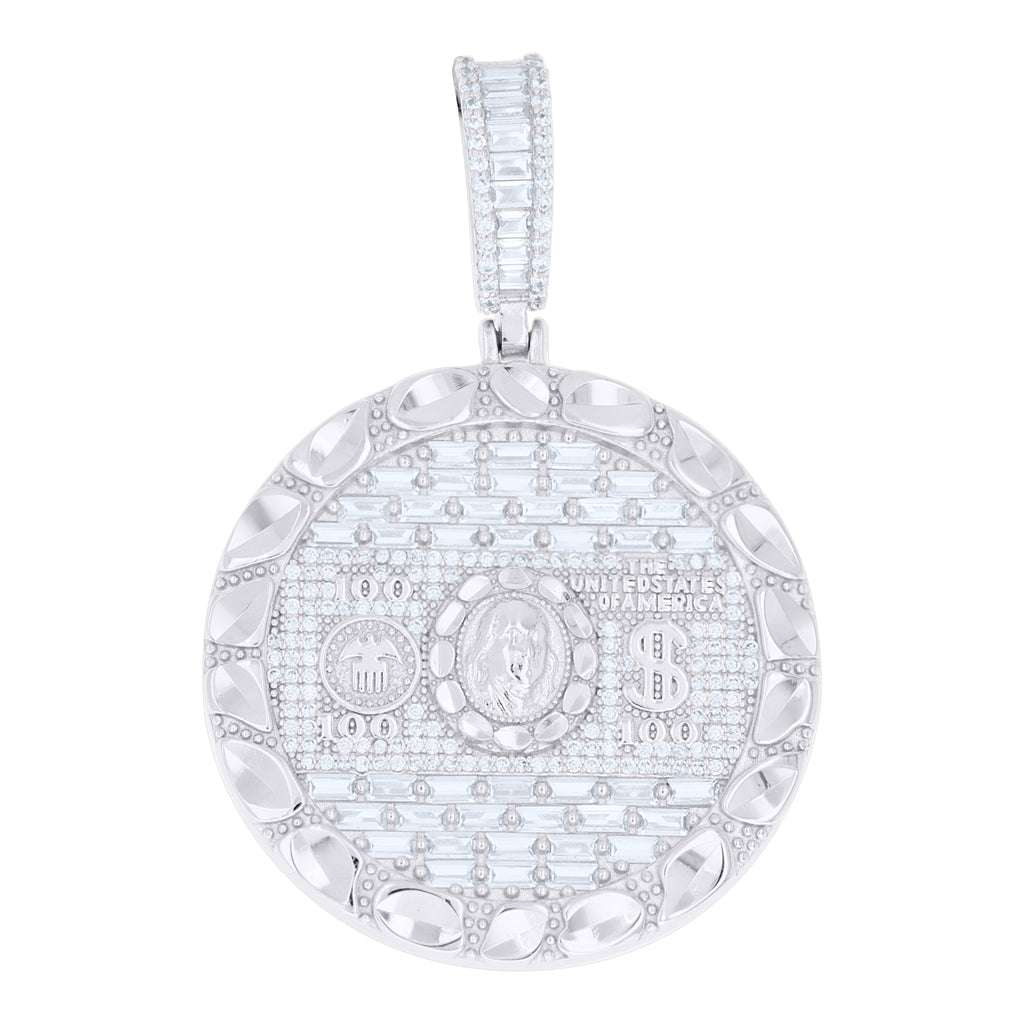 925 Sterling Silver Mens Baguette Round Cubic-Zirconia 100 Dollar Bill Currency Pendant