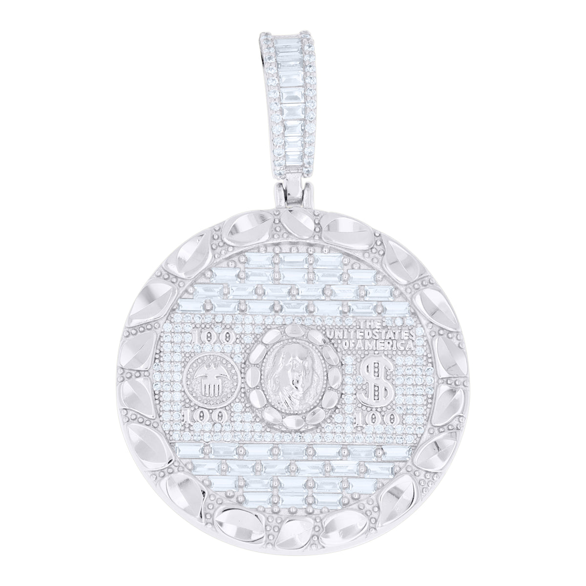 925 Sterling Silver Mens Baguette Round Cubic-Zirconia 100 Dollar Bill Currency Pendant