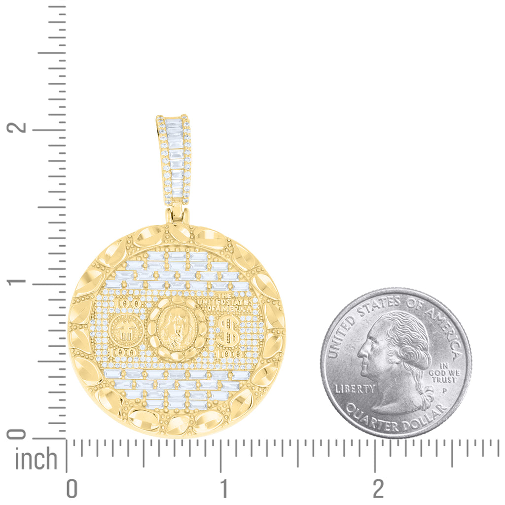 925 Sterling Silver Yellow-Tone Mens Baguette Round Cubic-Zirconia 100 Dollar Bill Currency Pendant