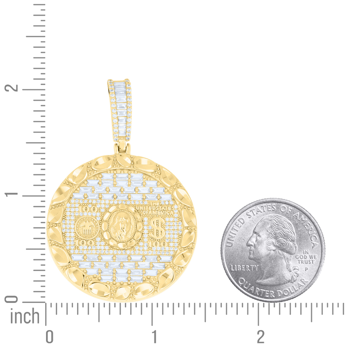 925 Sterling Silver Yellow-Tone Mens Baguette Round Cubic-Zirconia 100 Dollar Bill Currency Pendant