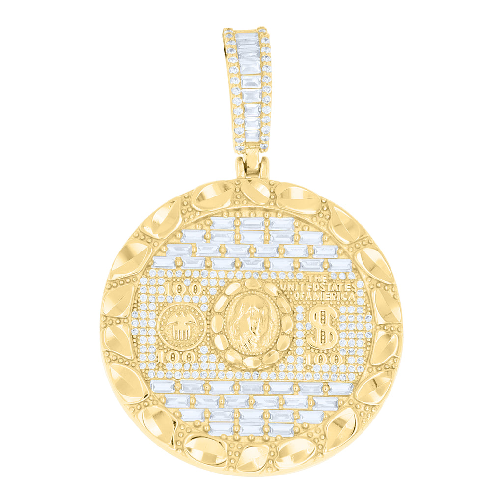 925 Sterling Silver Yellow-Tone Mens Baguette Round Cubic-Zirconia 100 Dollar Bill Currency Pendant