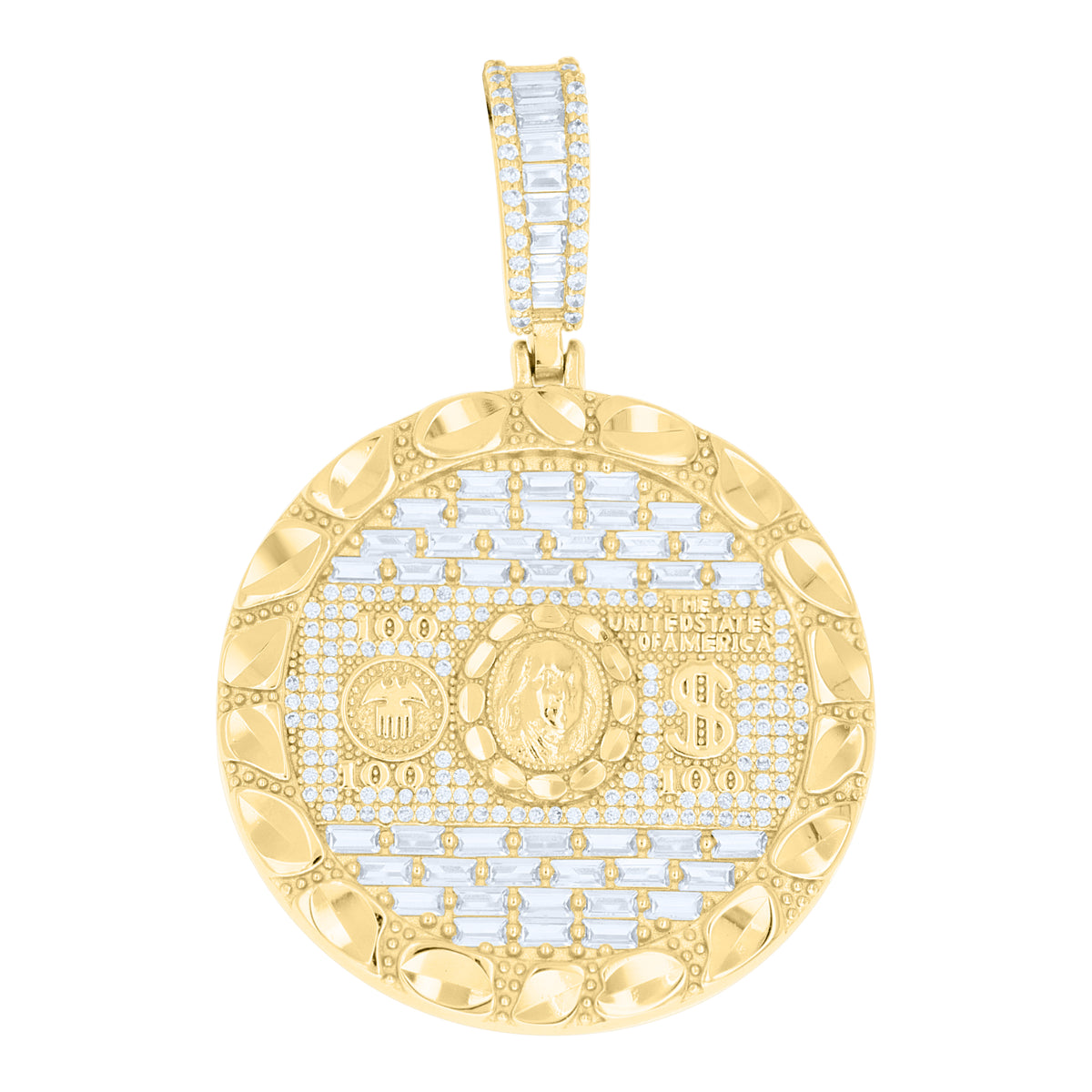 925 Sterling Silver Yellow-Tone Mens Baguette Round Cubic-Zirconia 100 Dollar Bill Currency Pendant